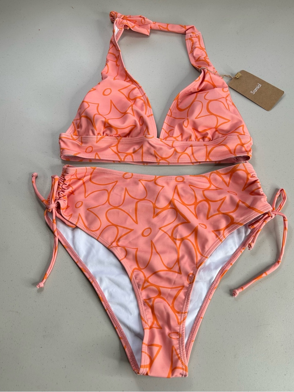 Samiol Bikini Set Small Orange Halter Top Ruched Bottom New Swimsuit